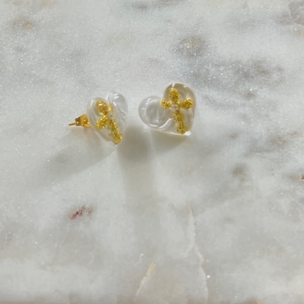 Heart Shaped White and Gold Cross Earrings - Picture 7 of 9